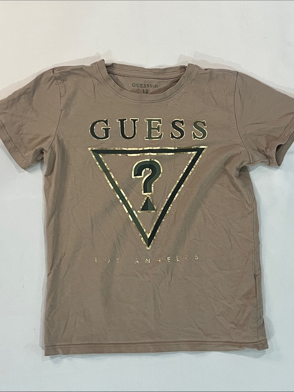 GUESS Kids Short-Sleeve Logo Tee in Taupe with Gold Accents